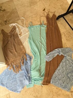Crochet Maxi Dress & Beach Cover Bundle - Mint, Light Blue, Camel, Cream